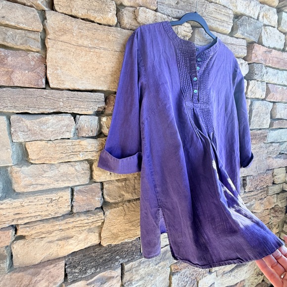 Gudrun Sjogden M Purple Linen Blend Pleated Henley Popover Women's Tunic Top - Picture 4 of 12